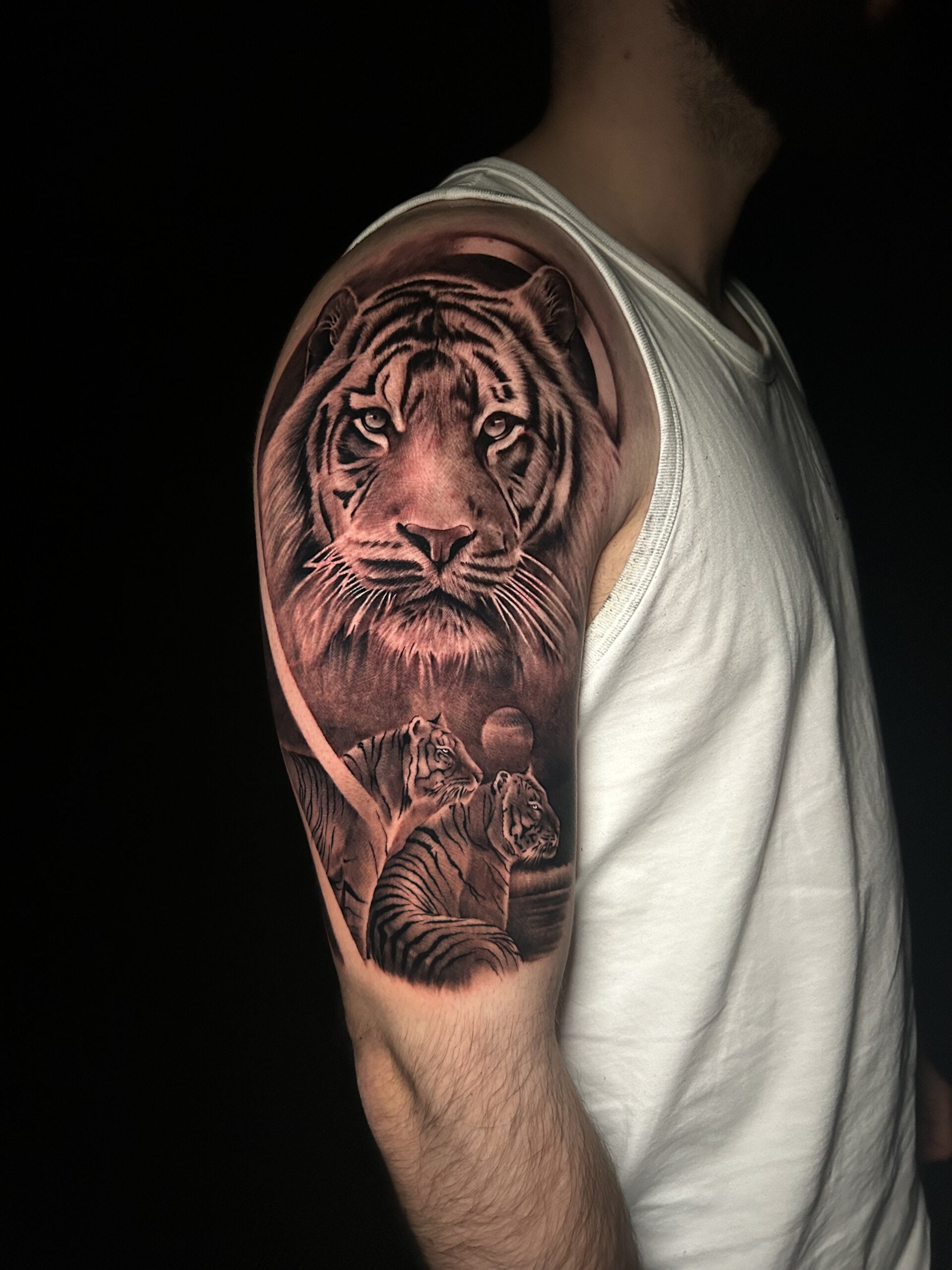 Tatuaje de un tigre realista en black and grey en el brazo, transmitiendo fuerza y majestuosidad.