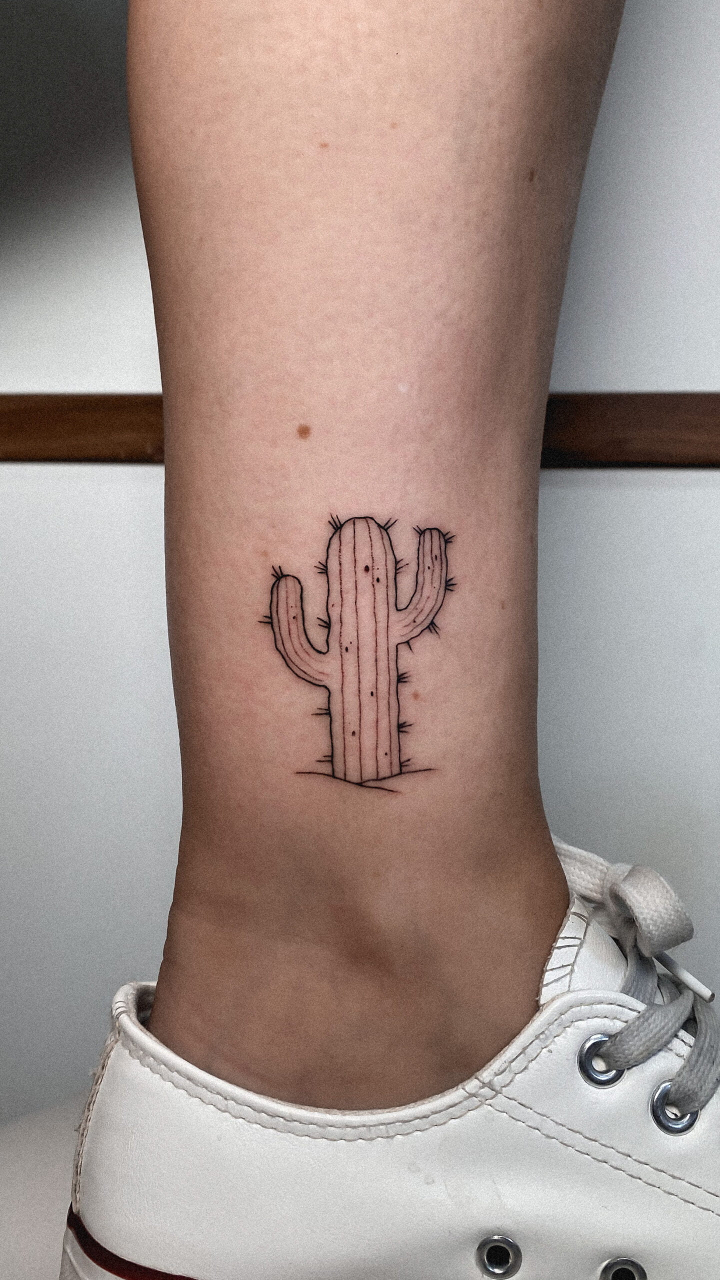 Tatuaje de cactus con técnica fineline en estilo minimalista sobre la pierna, transmitiendo serenidad y simplicidad.