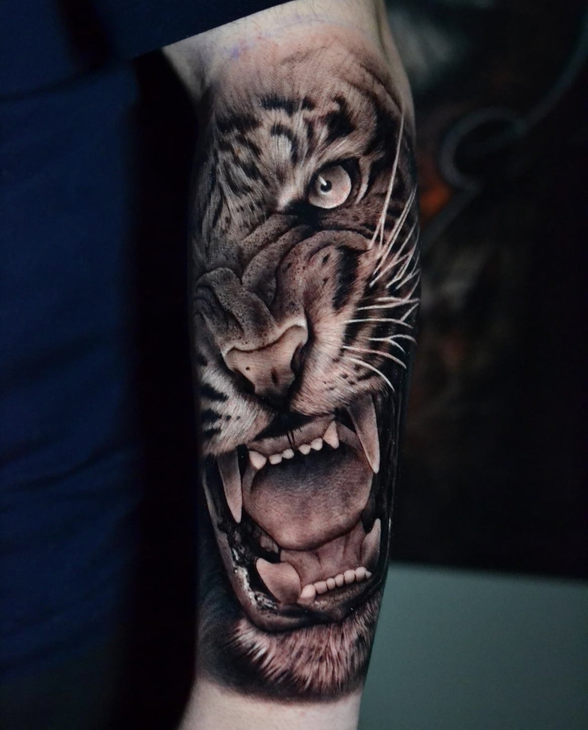 Tatuaje realista de un tigre rugiendo en el antebrazo