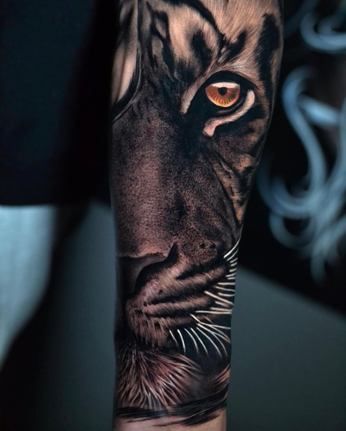 Tatuaje realista de un tigre en primer plano en el antebrazo